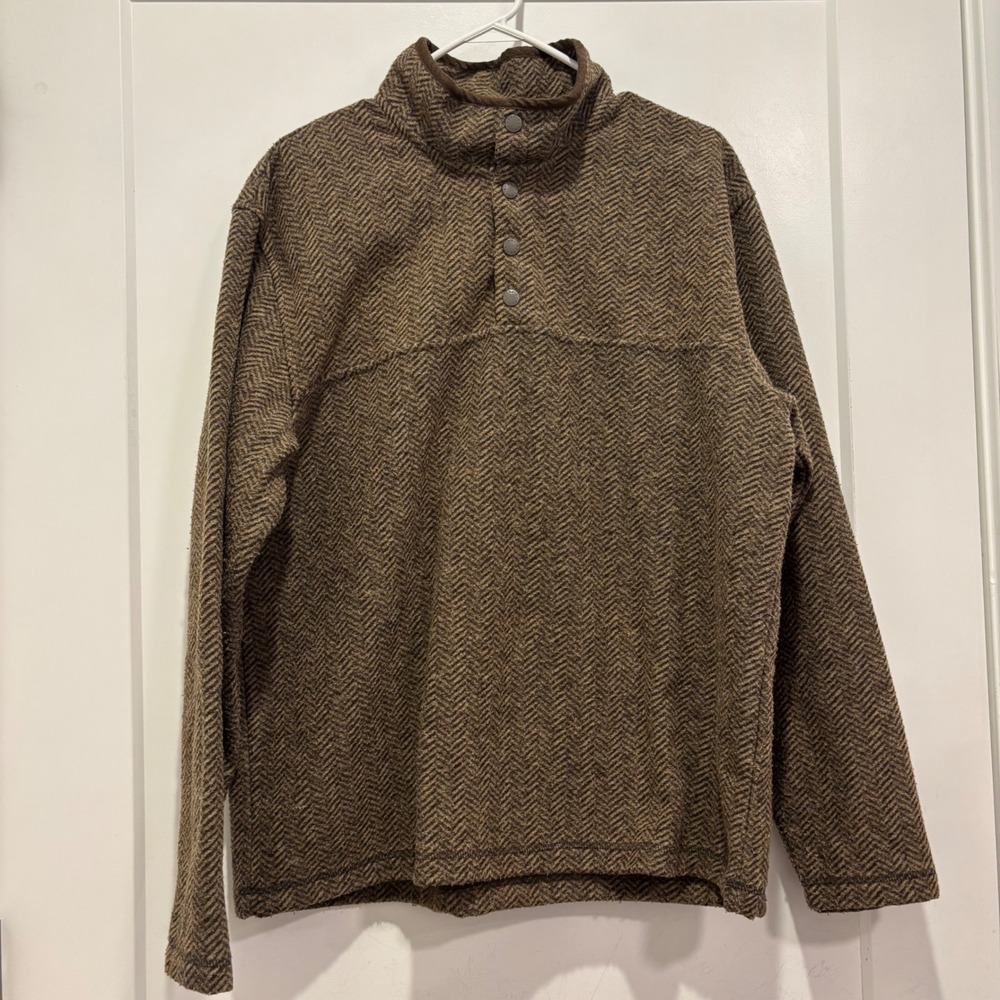 Orvis Mens Herringbone Fleece Pullover Sweater Brown Mock Neck Snap Large